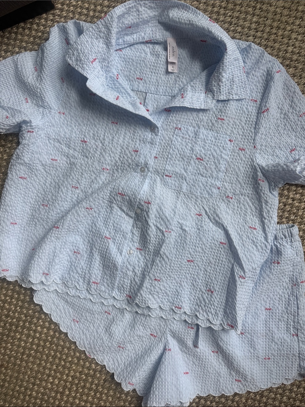 Arden Light Blue Seersucker Short Pajama Set with Pink fish Accent